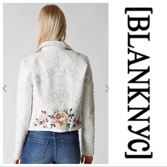 BLANK NYC Stud Floral Moto Faux Leather Jacket Full Bloom White - Picture 3 of 15